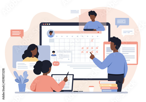 Diverse group of people participating in a virtual meeting, interacting with a shared online calendar.