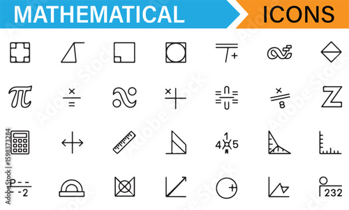 Mathematical equations and shapes, including basic math and geometry symbols