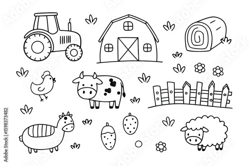 Farm life doodle: A collection of charming farm doodles featuring a tractor, barn, hay bale, chicken, cow, fence, horse, strawberry, acorn, and sheep.