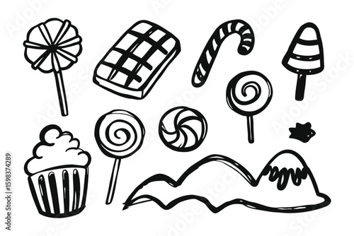 Delicious Sweets and Treats: A collection of sweet illustrations of cupcakes, candy canes, chocolates and lollipop. The image is an illustration.