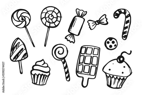 Sweet Dreams: Delightful hand-drawn illustrations of various candies and sweets, featuring lollipops, candy canes, and cupcakes, evoke a sense of childlike wonder and sugary indulgence. 