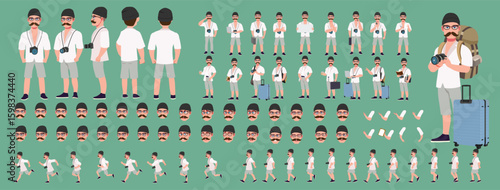 Traveler character model sheet, Character poses, expressions, Walk cycle, Run cycle animated character sequences.