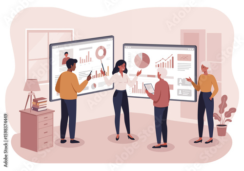 Diverse business team collaborating on data visualizations during a presentation in a modern office setting.