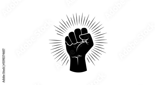 Silhouette of a raised fist, radiating power and strength, a symbol of protest and resistance.