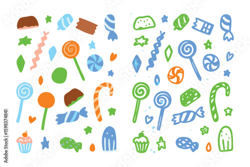 Sweet Delights: A whimsical array of hand-drawn sweets, candy, and treats bursts with vibrant colors and playful shapes. Perfect for illustrating the sugary side of life.