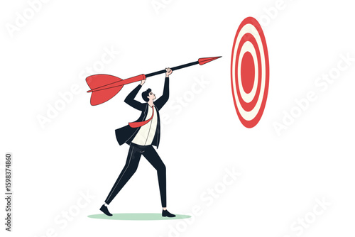 Businessperson aiming a large dart at a bullseye target symbolizing success and goal achievement isolated on white background silhouette