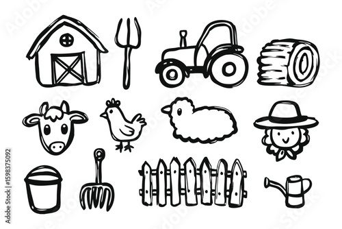 Farm life illustrations: Whimsical line drawings of farm elements come together in a celebration of the pastoral life, depicting agricultural implements, livestock and a farmer.