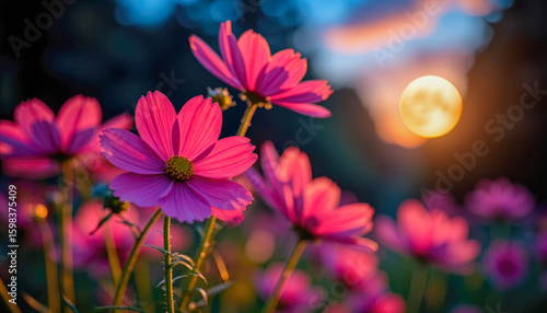 A vibrant field of pink cosmos flowers bathed in the warm glow of the setting sun creates a peaceful and picturesque scene