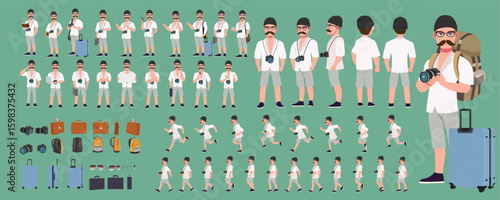 Traveler character model sheet, Character poses, expressions, Walk cycle, Run cycle animated character sequences.