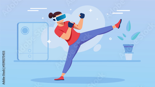 A beginner student using a VR program to learn the fundamentals of kicking and punching gradually building up to more complex moves.. Vector illustration