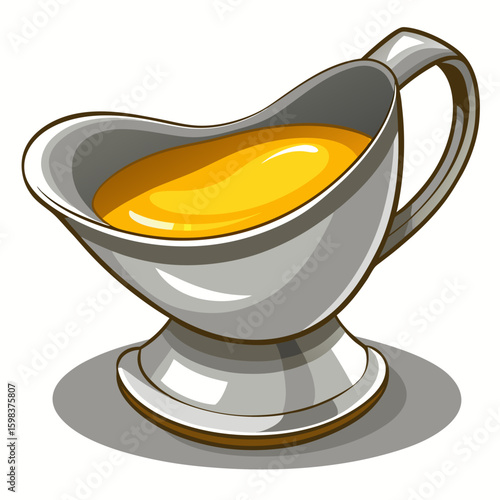 Silver gravy boat filled with rich golden gravy on a white background