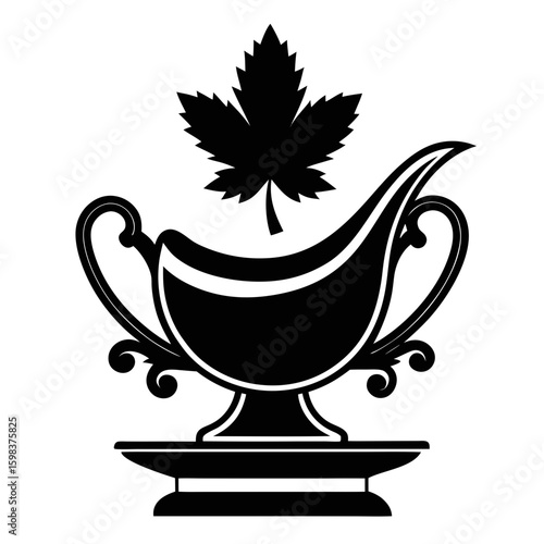 Elegant black silhouette of a gravy boat with a decorative leaf emblem on a white background
