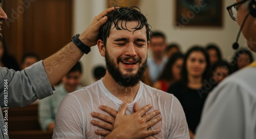 A man receiving baptism with water poured on his head, a religious ceremony representing new beginnings and faith.