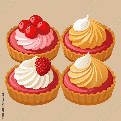Four delicious tartlets with fresh berries and creamy topping on a neutral background