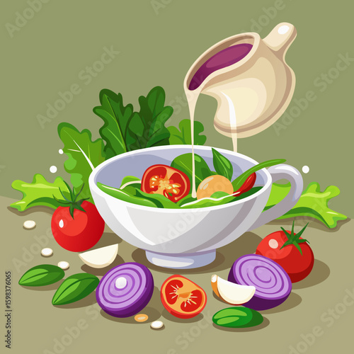 Fresh salad ingredients being tossed with dressing in a white bowl
