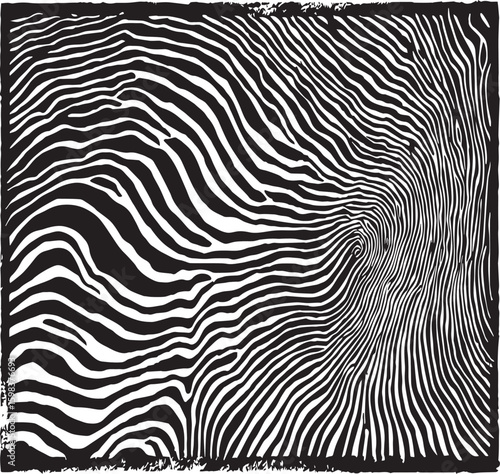 Abstract black and white woodcut print featuring swirling and parallel lines pattern design art