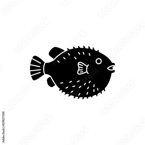Black filled icon of pufferfish silhouette with defensive marine design