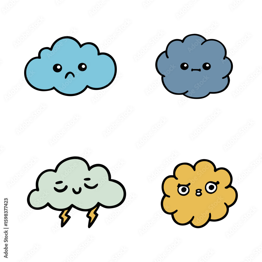 Fototapeta premium Four cute cartoon clouds with different emotions isolated on white background