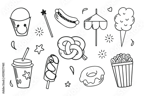 Amusement park delights: A cheerful assortment of carnival treats and enchanting trinkets, perfect for evoking the joyful atmosphere of a summer funfair!