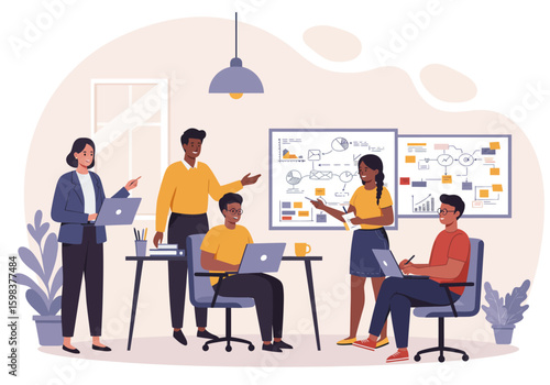 Diverse team of coworkers collaborating in a modern office, brainstorming and discussing ideas on a whiteboard.