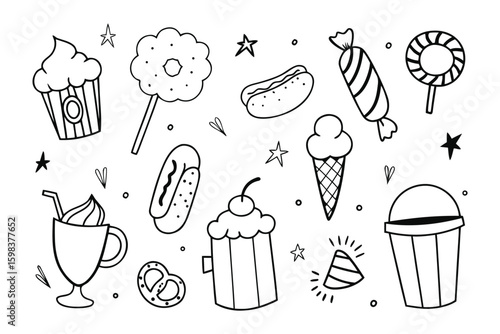 Delicious Delights: An assortment of sketched, delectable sweets and snacks, perfect for any design related to treats and desserts. 