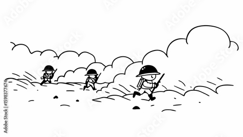Cartoon world war i soldiers running through battlefield scene vector illustration black and white drawing