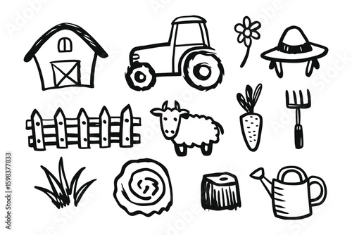 Farm Elements Illustration: A charming illustration of essential farm elements, depicted with clean lines and a whimsical touch, including a tractor, barn, cow, and other agrarian components.