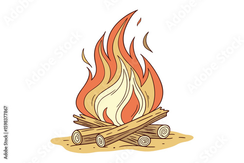 A vibrant hand drawn illustration of a campfire with bright orange and yellow flames and logs isolated on white background silhouette