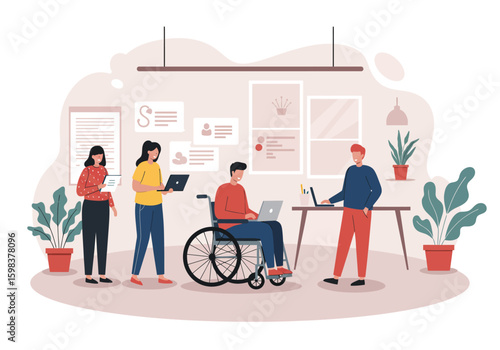 Diverse group of colleagues collaborating in a modern office setting, including a person in a wheelchair.