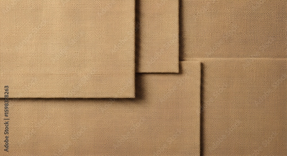 Fototapeta premium An overhead shot showcasing multiple overlapping layers of natural, textured beige fabric, possibly burlap or canvas, creating a warm, inviting, and subtly abstract background. The intricate weave and