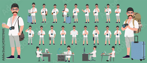 Traveler character model sheet, Character poses, expressions, Walk cycle, Run cycle animated character sequences.
