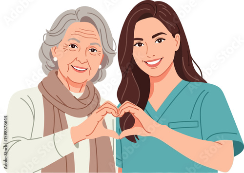 Senior care illustration showing nurse and elderly woman making heart shape