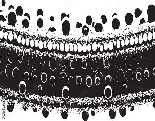 Close up view of a layered structure with spheres and granular texture in grayscale rendering style
