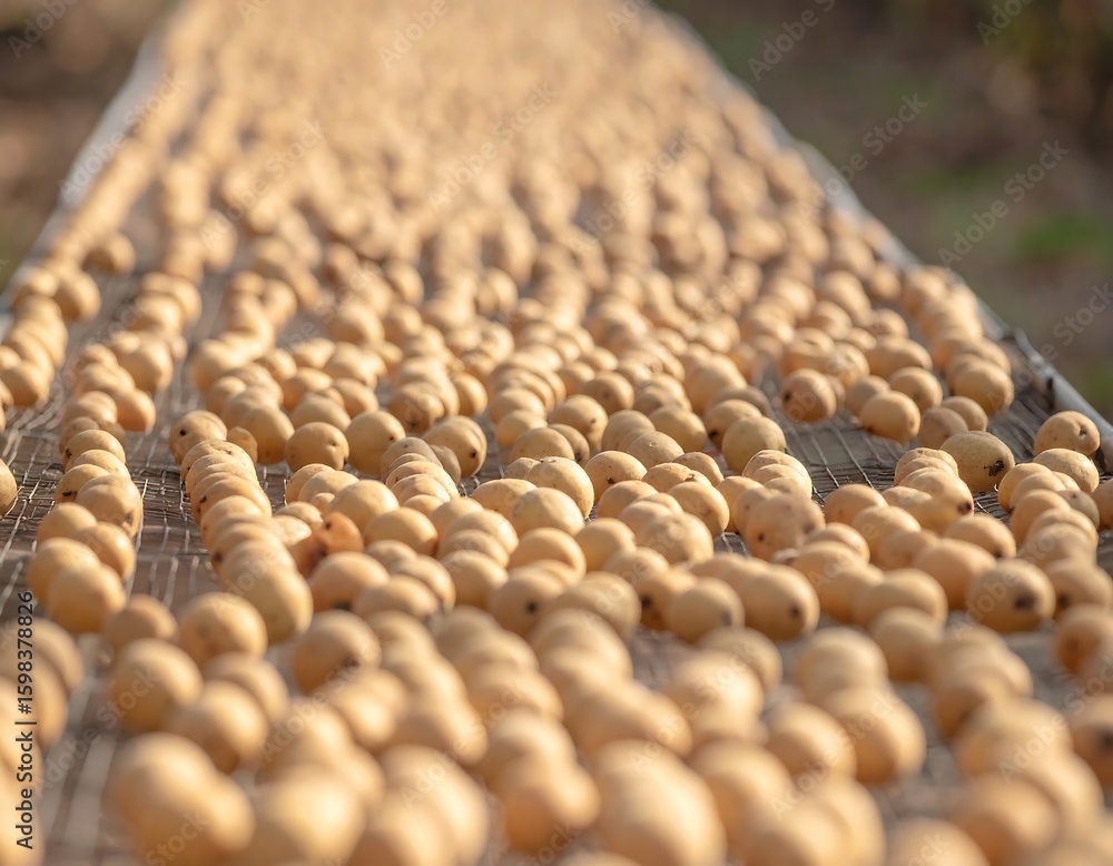 Obraz premium Numerous small round light brown fruits drying on a wire mesh rack outdoors