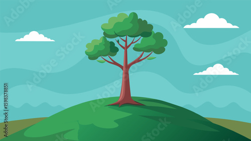 A lone tree on a hill standing tall and strong representing personal growth and inner strength.. Vector illustration