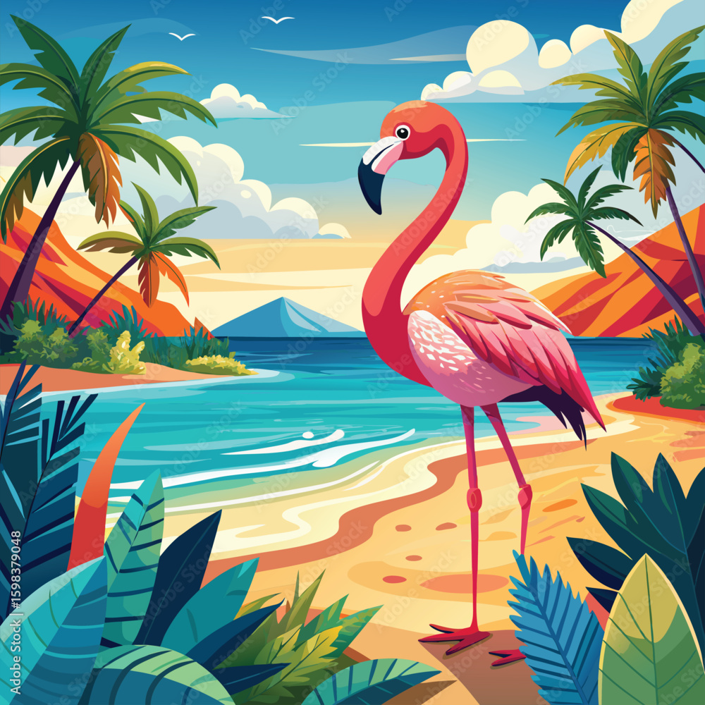 Obraz premium Wild Flamingo Bird Near Shore – Tropical Flat Design