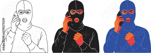 Masked man on phone vector illustration crime call suspicious activity
