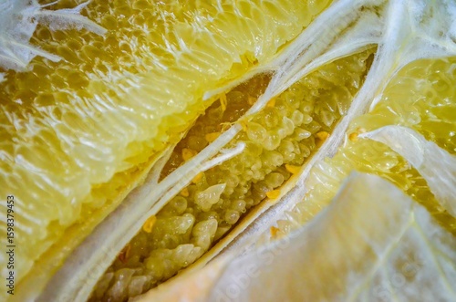 A close up of a peeled orange, revealing its inner structure. The orange is sliced open, and the white pith is visible, along with the seeds. Concept of curiosity and exploration