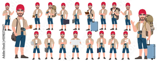 Traveler character model sheet, Character poses, expressions, Walk cycle, Run cycle animated character sequences.