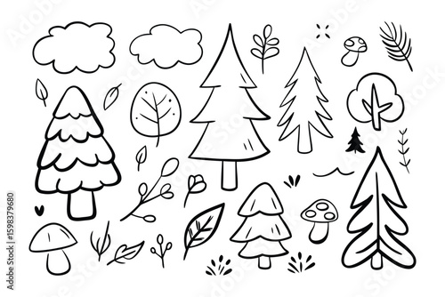Whimsical Woodland: A charming collection of hand-drawn woodland elements including trees, mushrooms, clouds, and foliage create a playful illustration of nature.