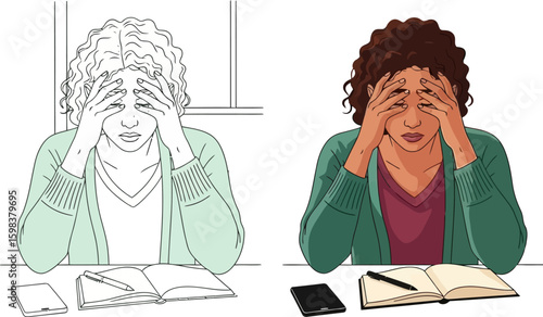 Stressed woman burnout illustration studying working at desk with laptop