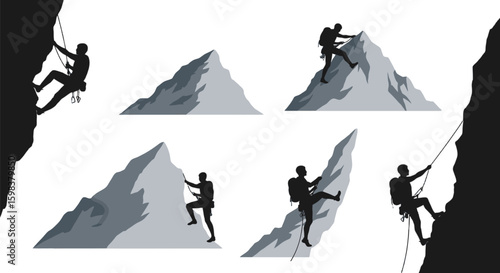 Vector art of silhouetted climbers navigate mountain peaks and rock faces, showcasing the thrill and challenge of mountaineering isolated on white background