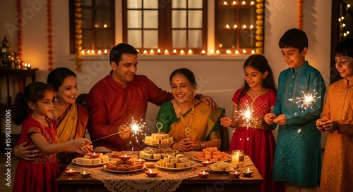 Happy Indian family celebrating the festival of lights with sparklers and traditional sweets at home