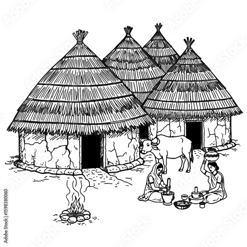 Black and white minimal village landscape with a box-shaped house, natural scenery, mountain line, sun, and wildlife in a kid-style scribble drawing
