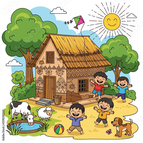 Naive drawing of a rural scene with a square house, hills in the background, a big tree, and ducks in a wavy river. Sun rising from mountains, child-style doodle art.