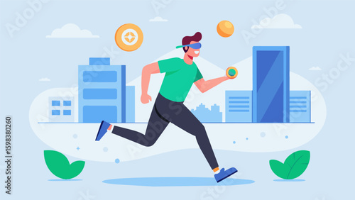 A man huffing and puffing as he virtually runs through city streets avoiding obstacles and collecting virtual coins for a fun and challenging workout. Vector illustration