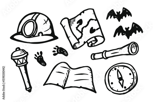 Treasure Hunter's Toolkit: A hand-drawn illustration presents essential tools for a treasure hunt, perfect for adventure, exploration, and uncovering hidden treasures.