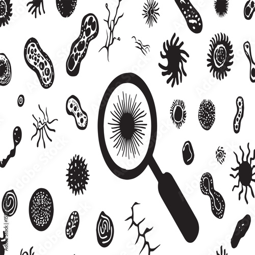 Microscopic organisms under a magnifying glass in black and white detailed illustration style