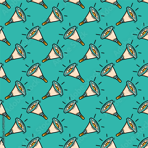 Seamless pattern of hand drawn loudspeakers in cartoon style on teal background, vector format.