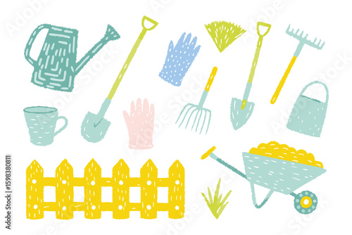 Gardening Tools Illustration: A cheerful array of gardening tools, including a watering can, shovels, rake, wheelbarrow, gloves, cup and fence, each designed with a charming, whimsical style.